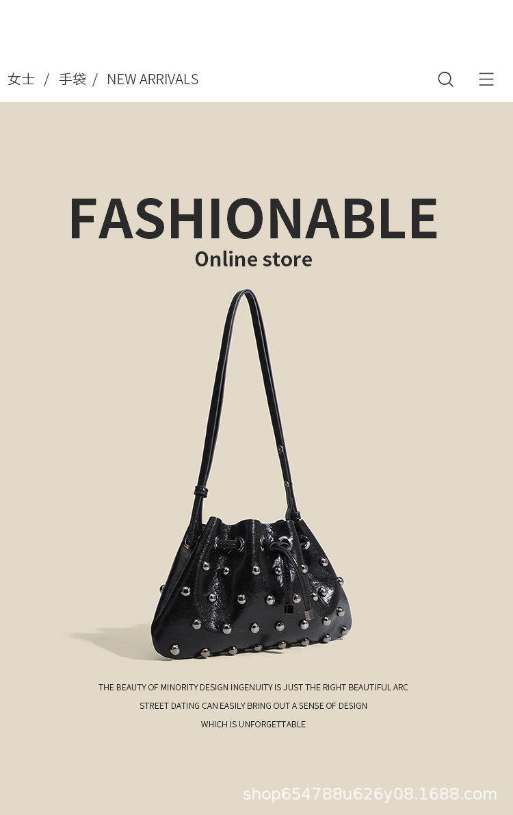 2025 New Rivet Underarm Women's Bag Cross-Border Exclusive Fashion Versatile Handheld Bucket Shoulder Tote Drawstring Bag