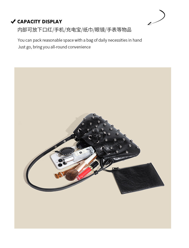 2025 New Rivet Underarm Women's Bag Cross-Border Exclusive Fashion Versatile Handheld Bucket Shoulder Tote Drawstring Bag