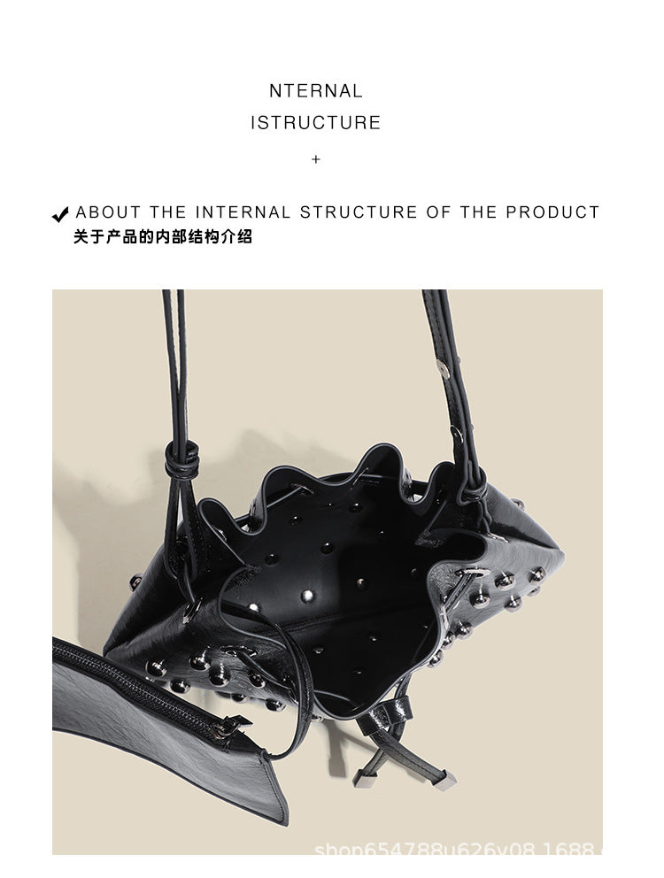 2025 New Rivet Underarm Women's Bag Cross-Border Exclusive Fashion Versatile Handheld Bucket Shoulder Tote Drawstring Bag