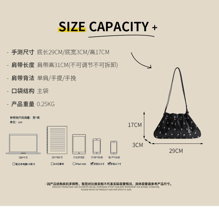 2025 New Rivet Underarm Women's Bag Cross-Border Exclusive Fashion Versatile Handheld Bucket Shoulder Tote Drawstring Bag