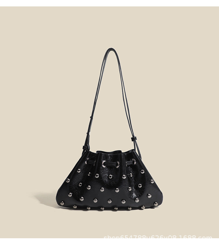2025 New Rivet Underarm Women's Bag Cross-Border Exclusive Fashion Versatile Handheld Bucket Shoulder Tote Drawstring Bag