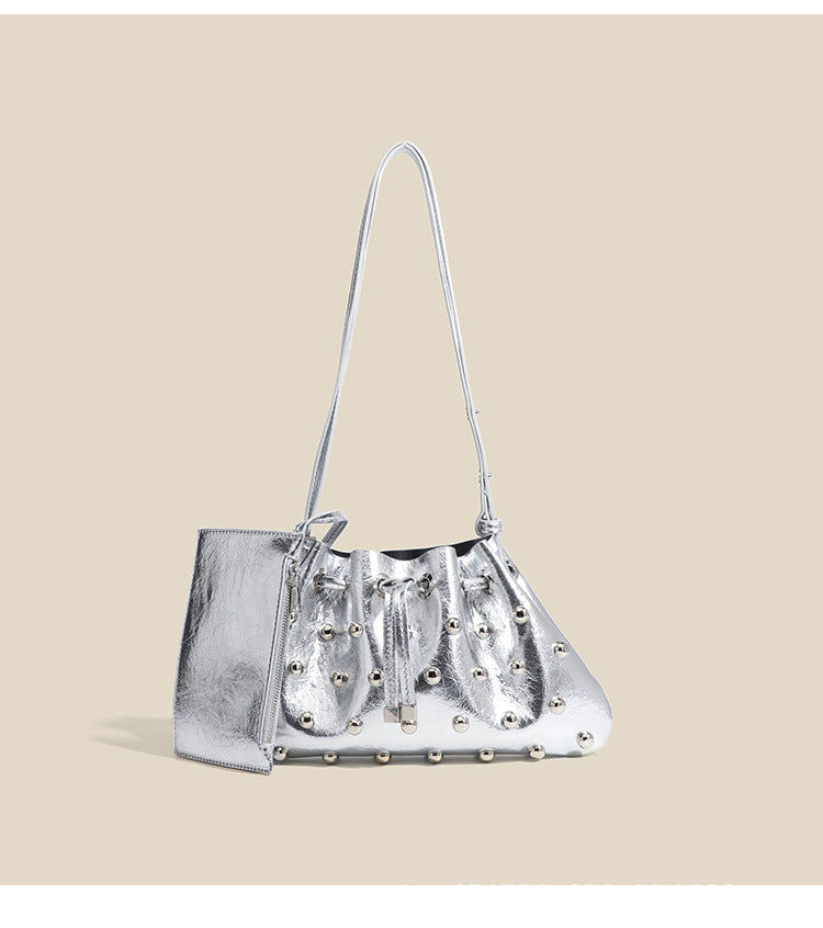 2025 New Rivet Underarm Women's Bag Cross-Border Exclusive Fashion Versatile Handheld Bucket Shoulder Tote Drawstring Bag