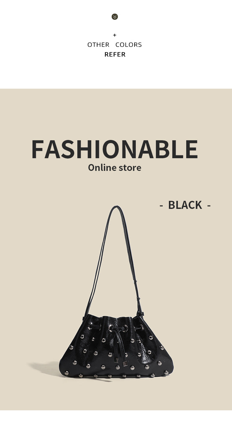 2025 New Rivet Underarm Women's Bag Cross-Border Exclusive Fashion Versatile Handheld Bucket Shoulder Tote Drawstring Bag