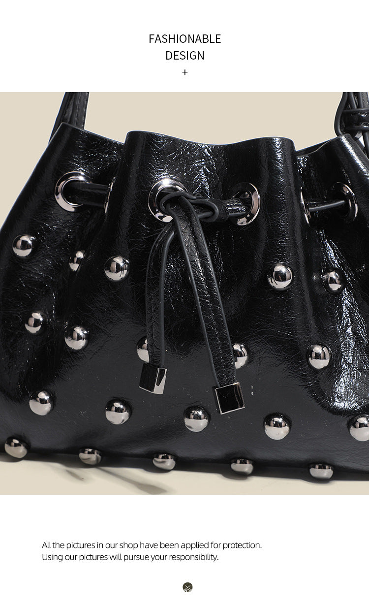 2025 New Rivet Underarm Women's Bag Cross-Border Exclusive Fashion Versatile Handheld Bucket Shoulder Tote Drawstring Bag