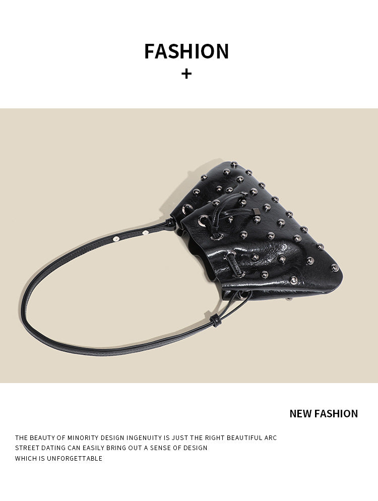 2025 New Rivet Underarm Women's Bag Cross-Border Exclusive Fashion Versatile Handheld Bucket Shoulder Tote Drawstring Bag