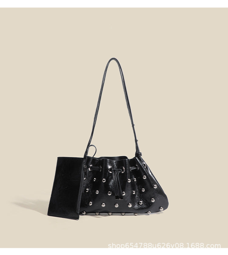 2025 New Rivet Underarm Women's Bag Cross-Border Exclusive Fashion Versatile Handheld Bucket Shoulder Tote Drawstring Bag
