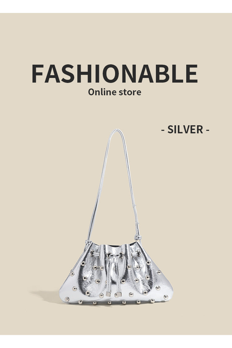2025 New Rivet Underarm Women's Bag Cross-Border Exclusive Fashion Versatile Handheld Bucket Shoulder Tote Drawstring Bag