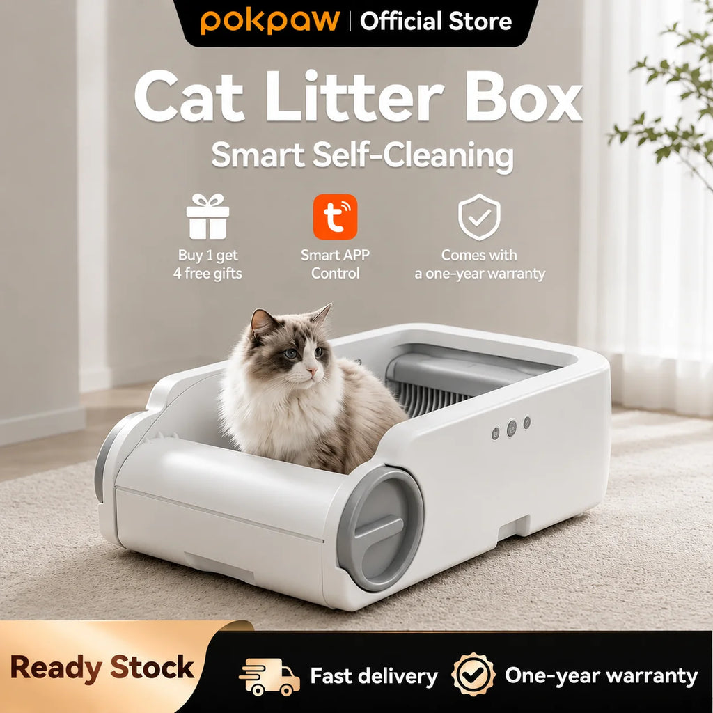 Pokpaw Open Automatic Cat Litter Box Smart Self-Cleaning Remote Control Via App Cat Toilet Litter Tray New Electric Cat Toilet